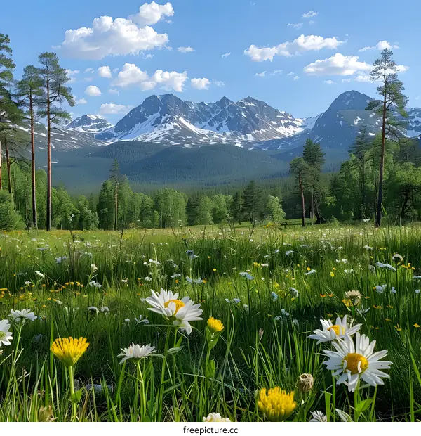 Field of daisies with a mountain range in the distance