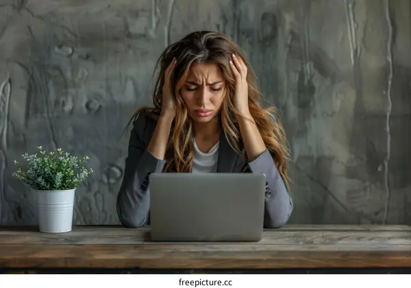 Frustrated businesswoman sitting at her desk with laptop