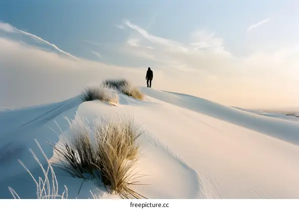 Single Figure Walking on a White Sand Dune
