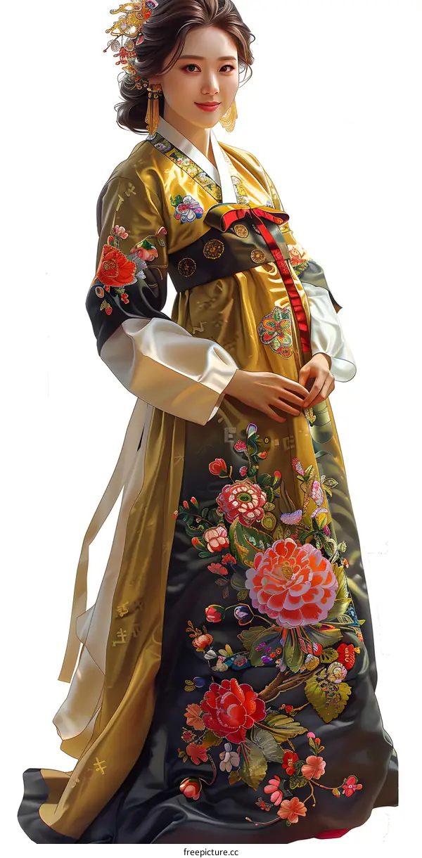 Traditional Korean Hanbok Dress with Intricate Floral Embroidery