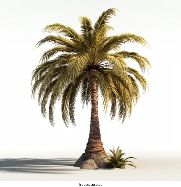 A tall palm tree with green leaves and a brown trunk stands in the middle of a white background. There is a small palm tree next to it.