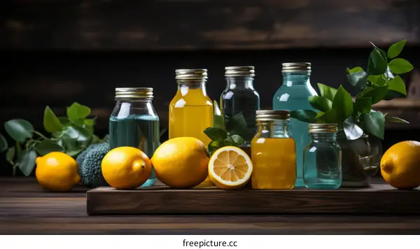 Still life of lemons and blue and yellow potions