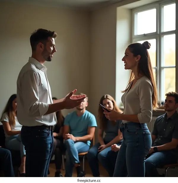 Group of people discussing a topic with a young man in the front presenting