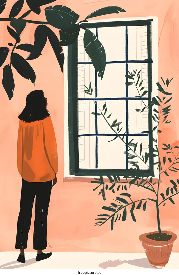 Woman Looking Out Window in a Room With Plants