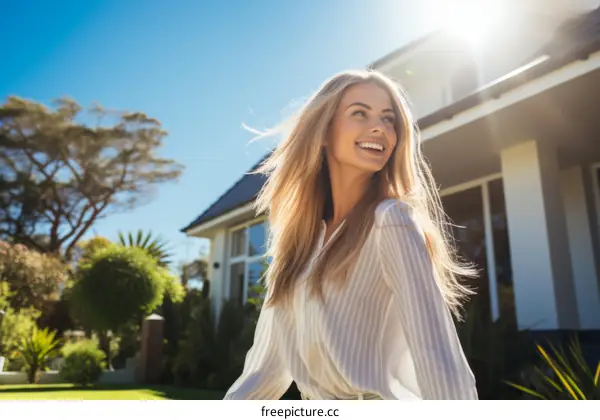 Blonde woman smiling away from the camera with a house in the background