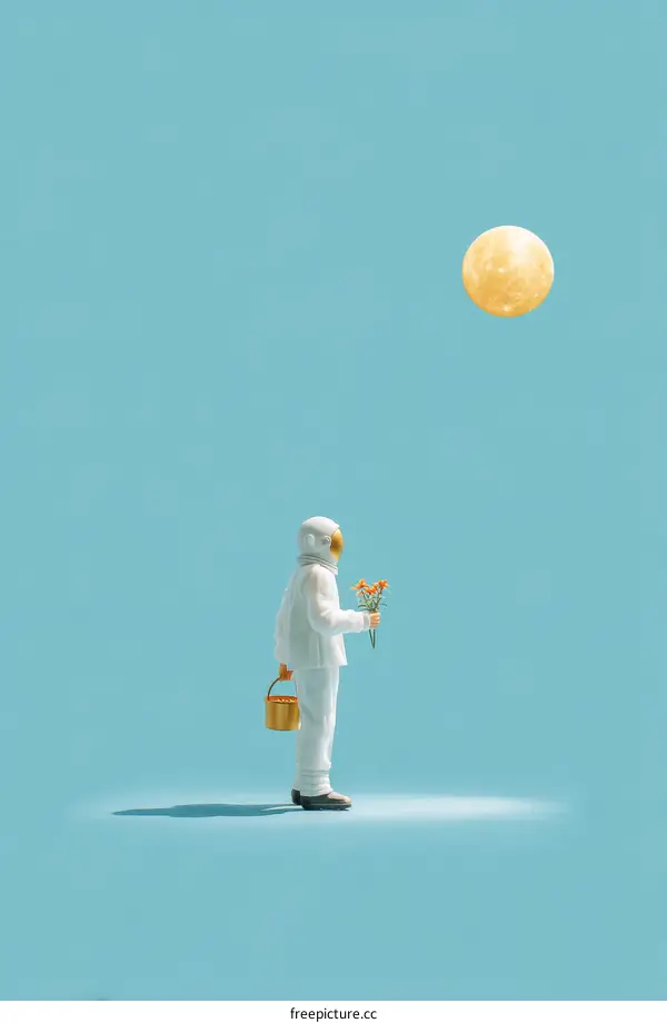 Astronaut with Flowers Under a Pale Moon