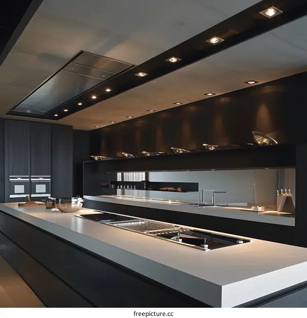 Modern Black Kitchen Design With Island And Recessed Lighting