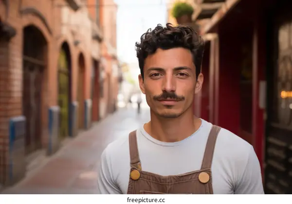 Portrait of a young man with curly hair and mustache wearing a white shirt and brown overalls standing in a narrow street
