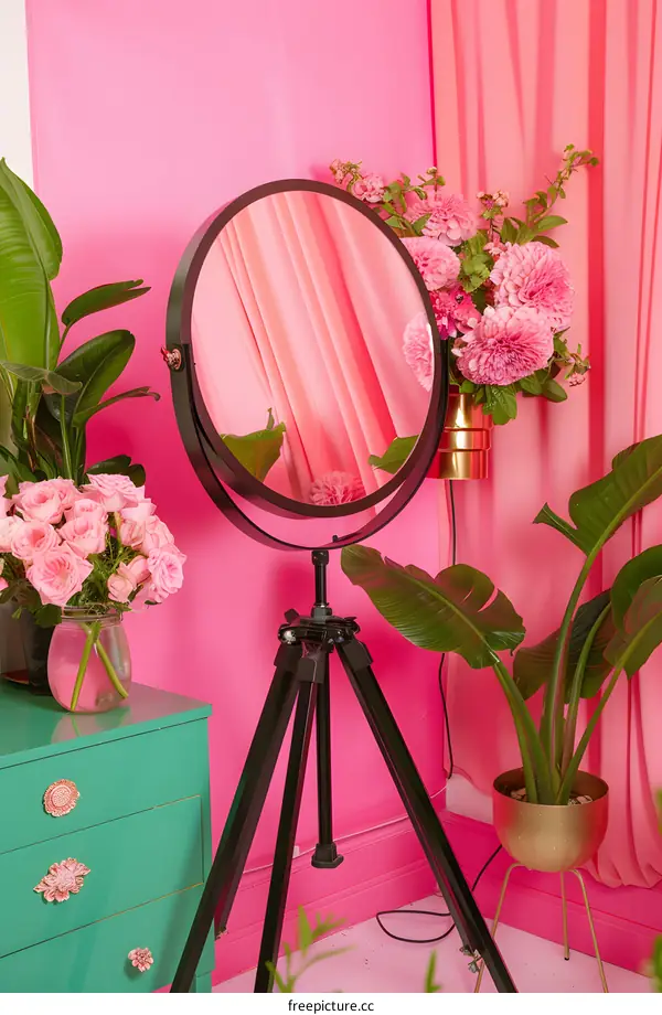 Pink Room Interior Design with Round Mirror and Flowers