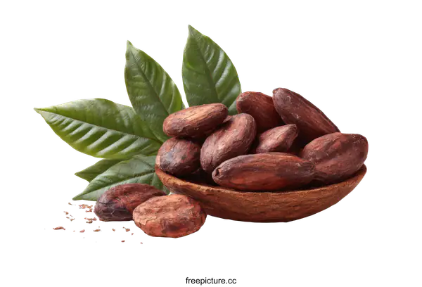 [Transparent Background PNG]Cocoa Beans in Wooden Spoon with Leaves