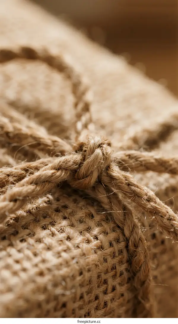 Close-up of a jute rope tied in a bow on burlap