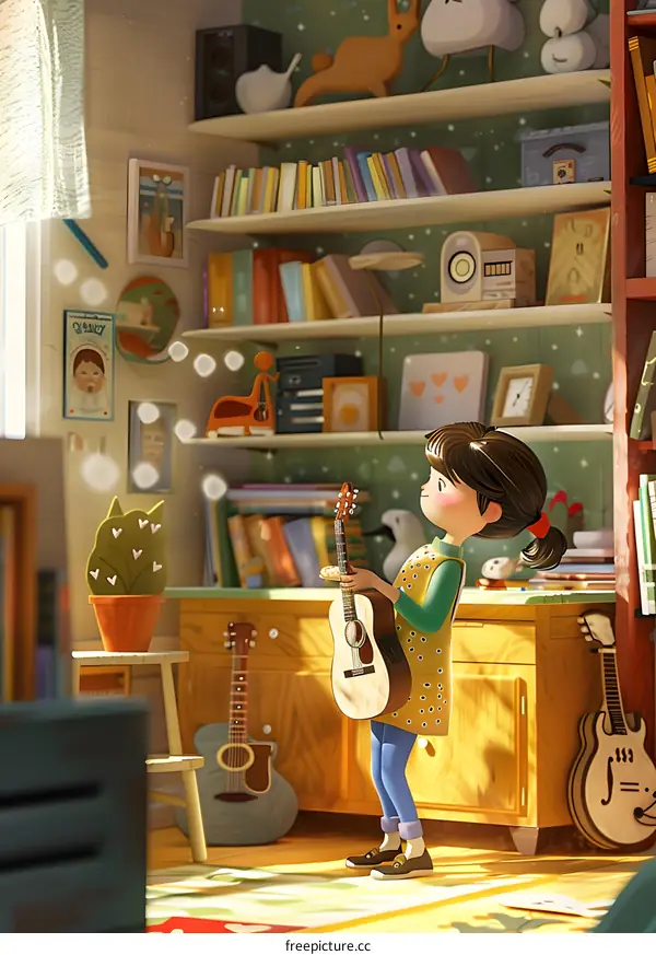 Cute Girl Playing Guitar in Cozy Room
