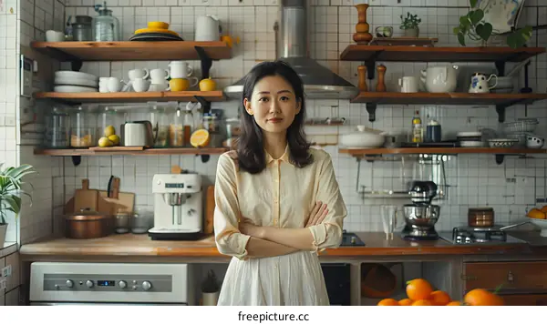Portrait of a young Asian woman standing in a kitchen