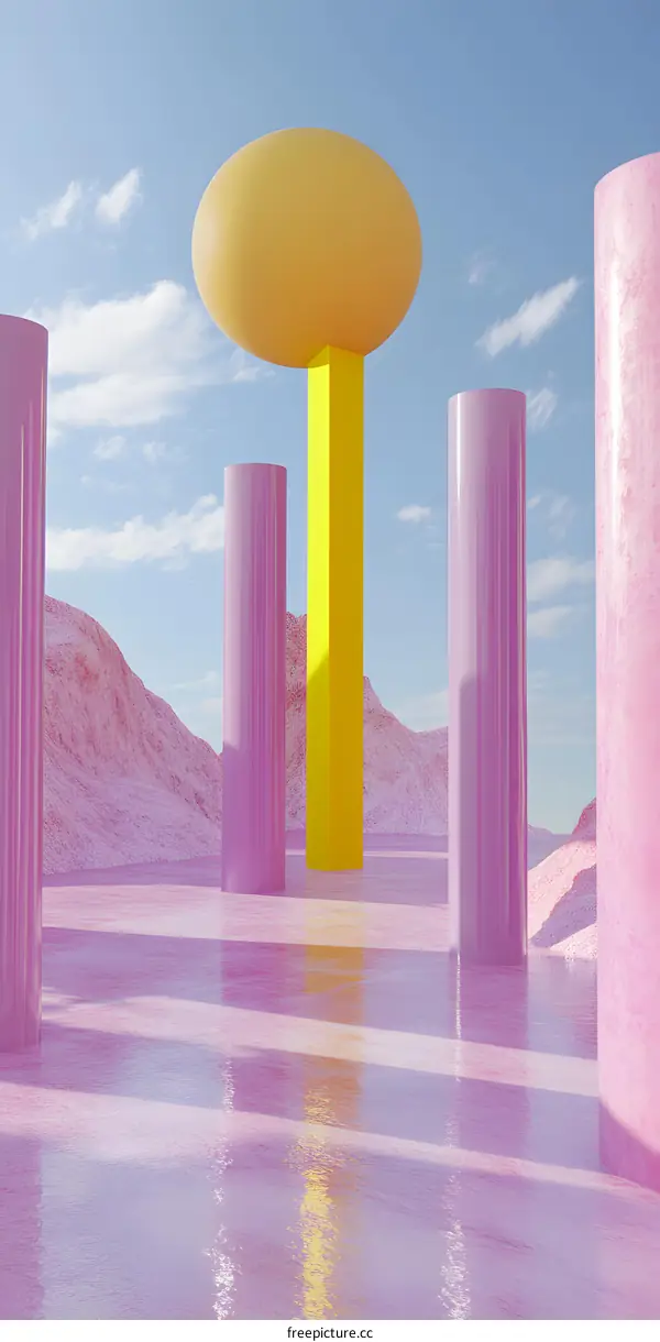 Abstract Minimalist 3D Render with Yellow Sphere and Pink Cylinders