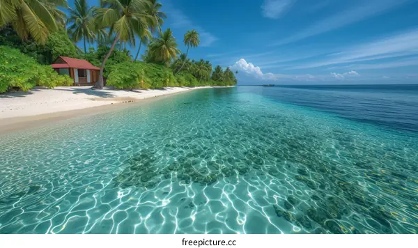 Beach hut on a paradise island with palm trees and crystal clear water