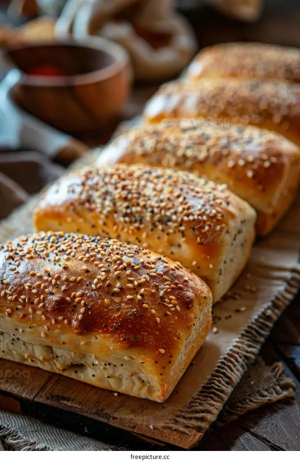 Loaf of bread with sesame seeds on a wooden table