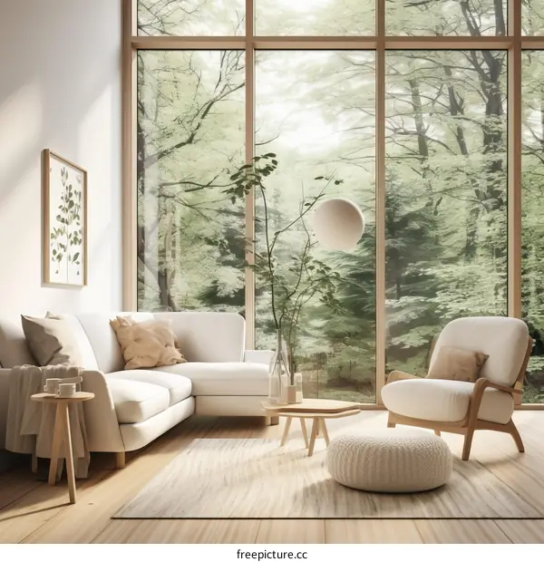 Modern living room with forest view
