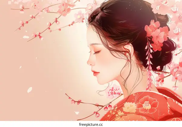 An illustration of a beautiful Asian woman in a kimono with cherry blossoms