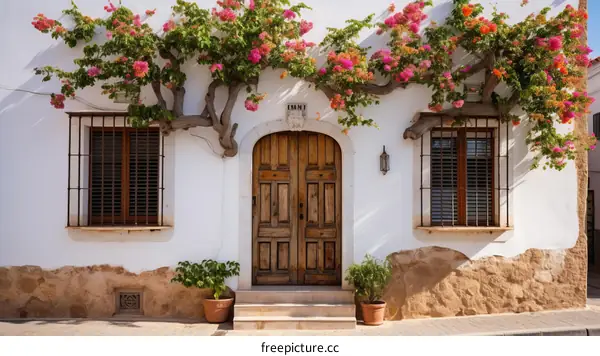 A beautiful Mediterranean house with a bougainvillea-covered facade