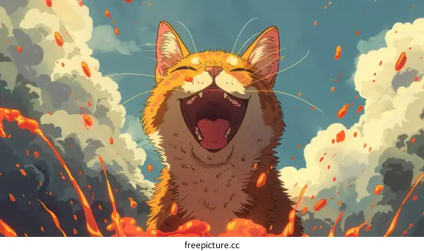 Cat in front of a volcanic eruption