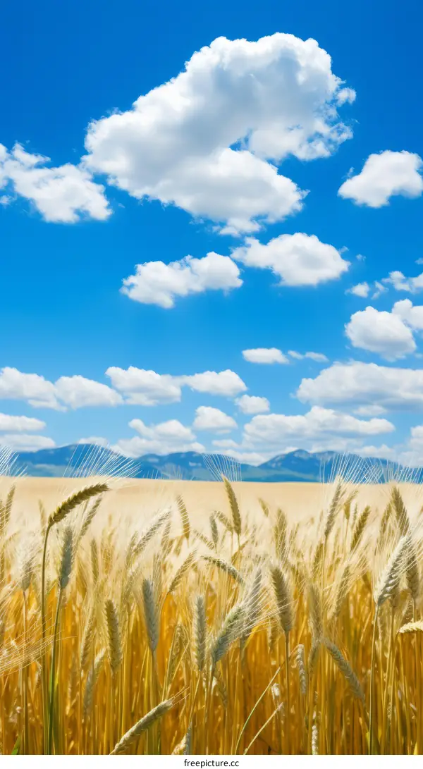Yellow wheat field under blue sky with white clouds