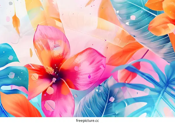 Colorful Floral Design With Tropical Leaves