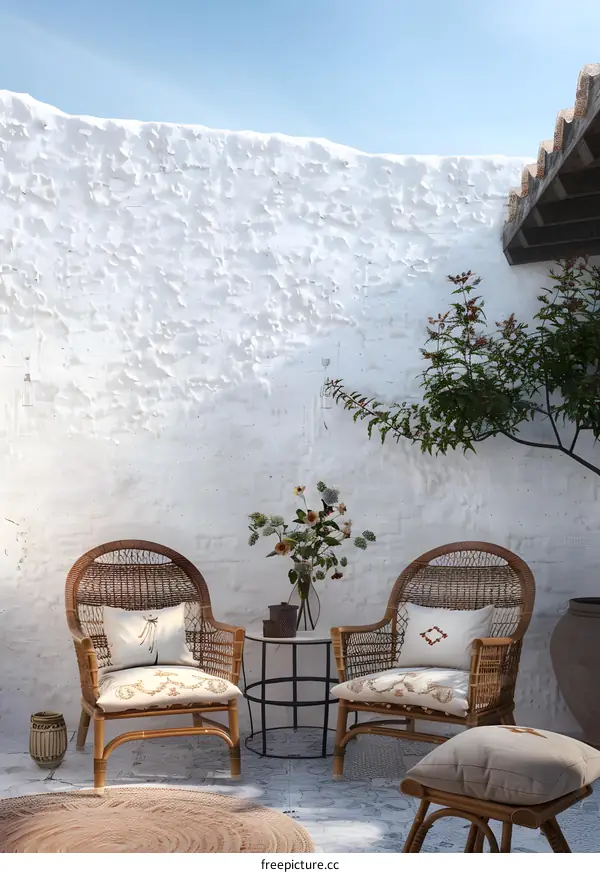 White Wall Patio With Wicker Chairs And Flowers