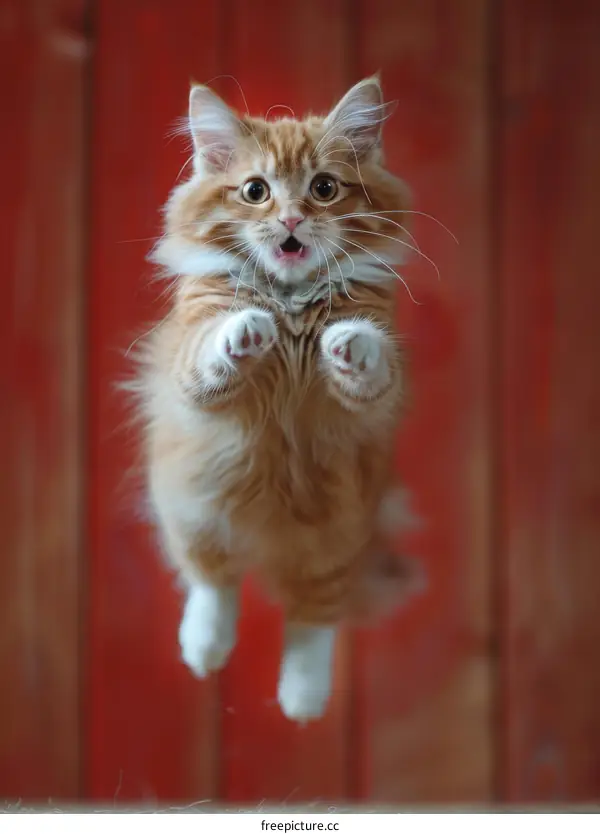 A ginger kitten with white paws is jumping up in front of a red wooden background