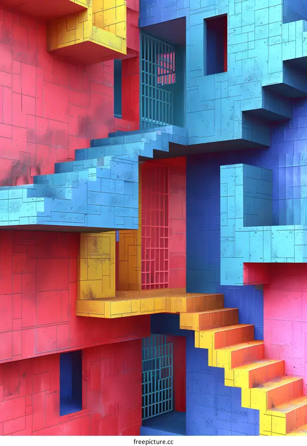 Colorful 3D building blocks with stairs and barred windows