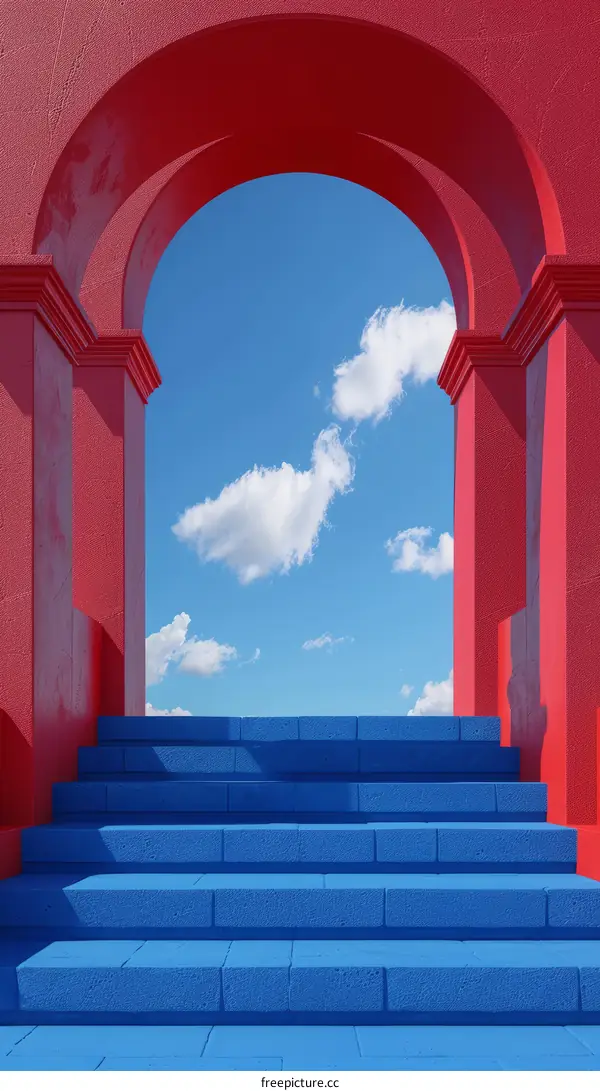 Blue Stairway to Red Archway: A Minimalist Perspective