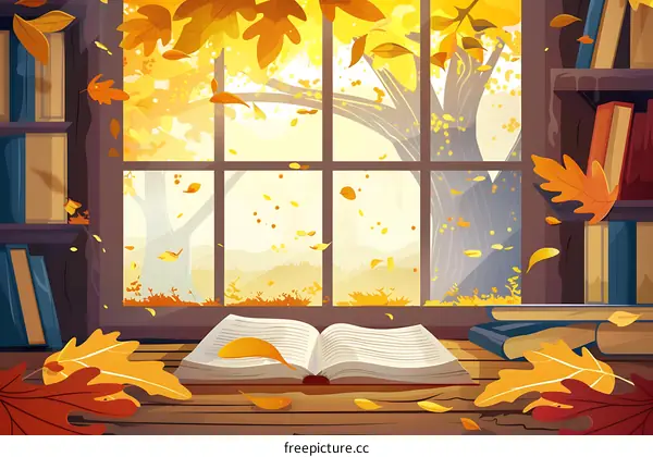 Autumn Leaves Falling Through Window With Open Book