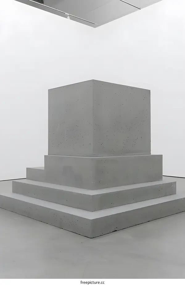 Concrete Steps and a Cube in a White Room