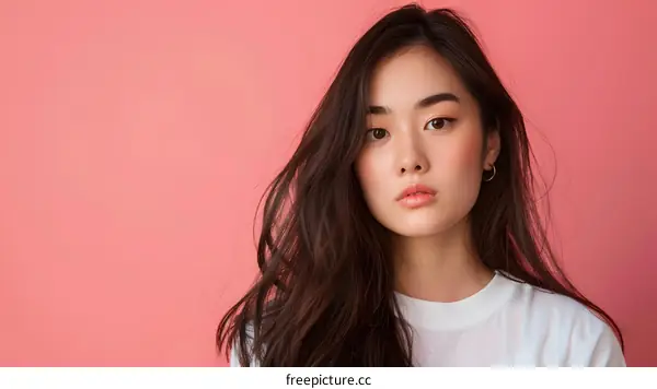 Portrait of a Young Asian Woman with Long Brown Hair Against a Pink Background