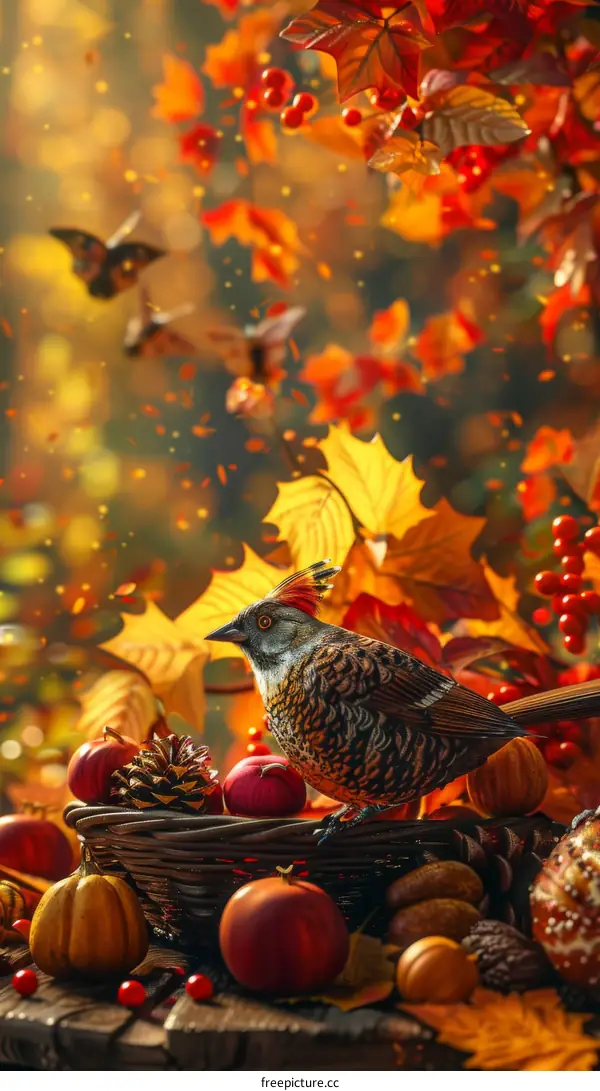 Autumn Bird with Pumpkins and Apples