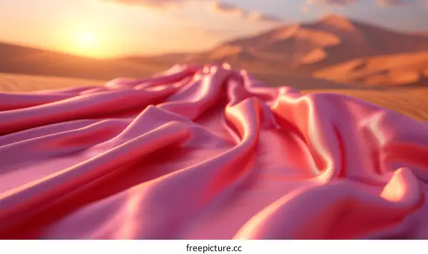 Pink silk fabric draped in the desert at sunset