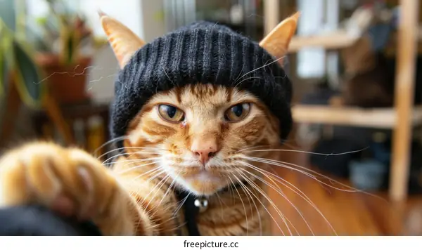 ginger cat wearing a black beanie
