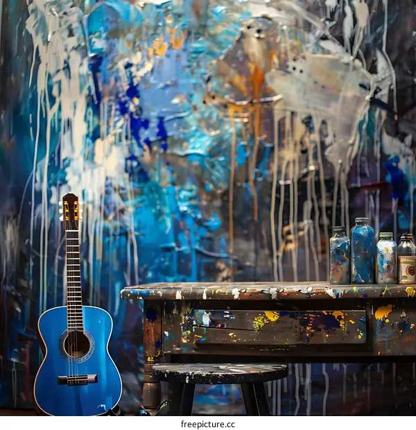 Blue Guitar and Art Supplies Against a Painted Background