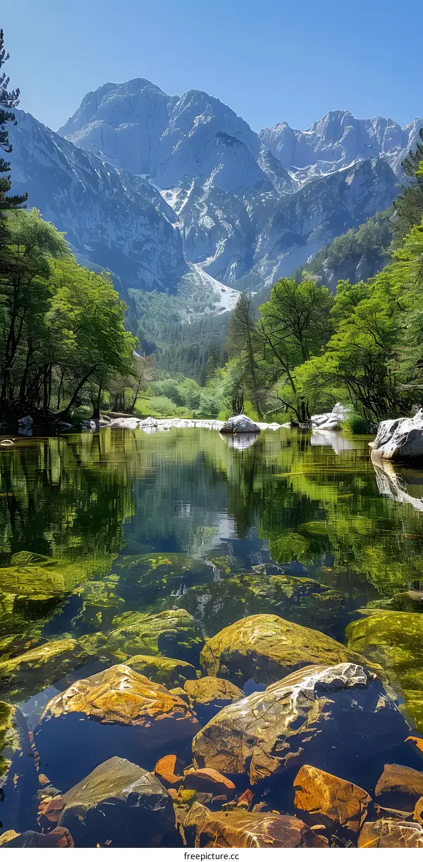 mountain river landscape with green trees and rocks in the water