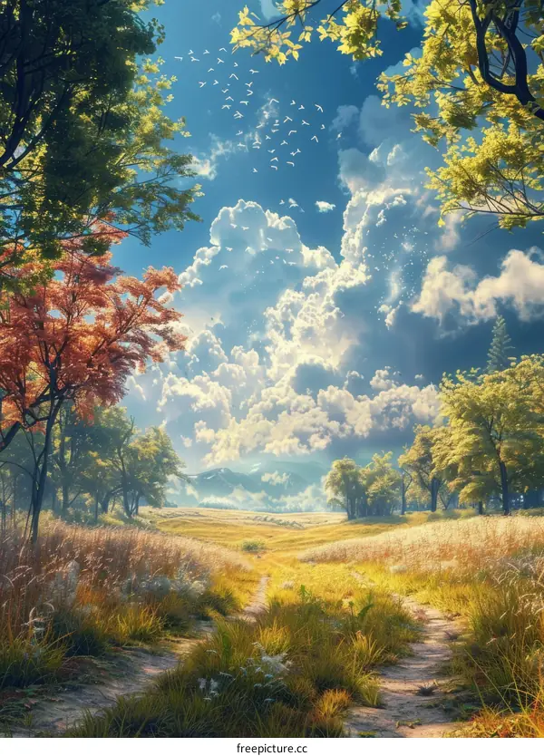 Majestic Birds Flying Over a Tranquil Field