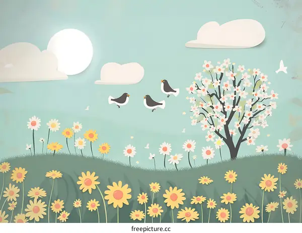 Springtime Paper Cut Flowers and Birds Illustration