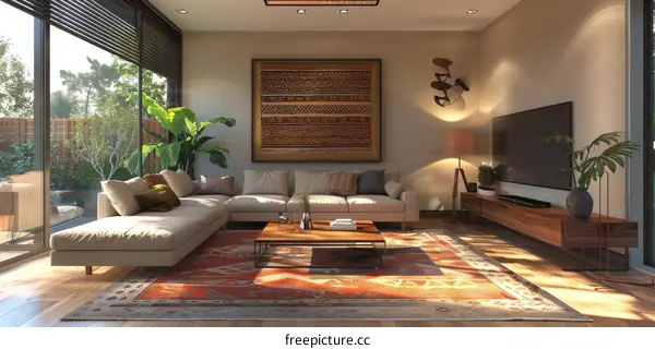 Modern Minimalist Living Room with Green Plants and Floor-to-Ceiling Windows