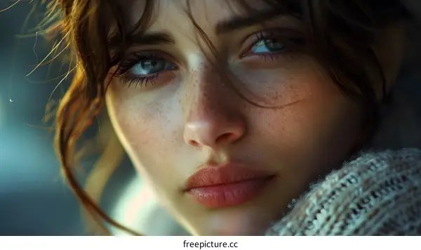 Portrait of a young woman with freckles and blue eyes