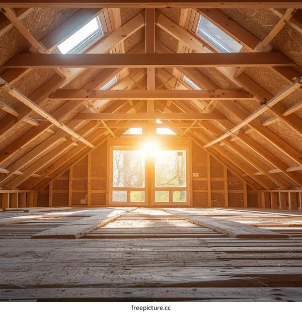 Attic room under construction with wooden beams and skylights