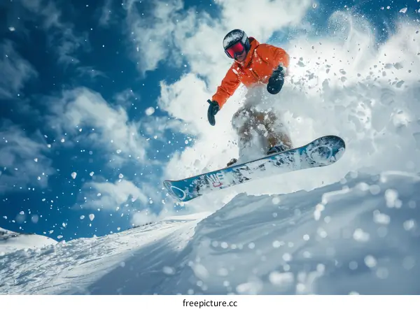 Male snowboarder soars through the air off a snowy mountain