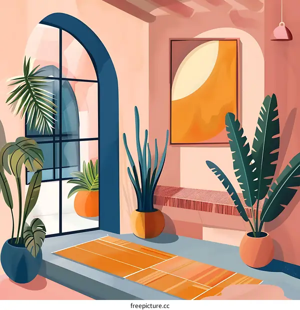 Modern Minimalist Home Entrance with Plants and Abstract Art