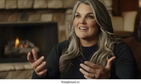 Caucasian Woman Talking by the Fireplace