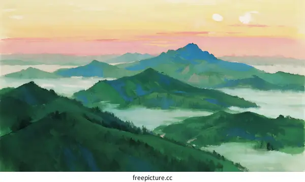 Sunrise Over Lush Green Mountain Ranges with Flowing Mist