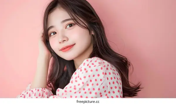 Portrait of a Young Asian Woman with Long Black Hair Against a Pink Background