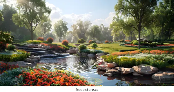 A beautiful park with a pond, flowers, and trees