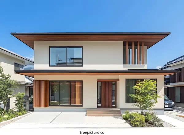 Modern Japanese Style Two Story House with Wooden Roof and Exterior